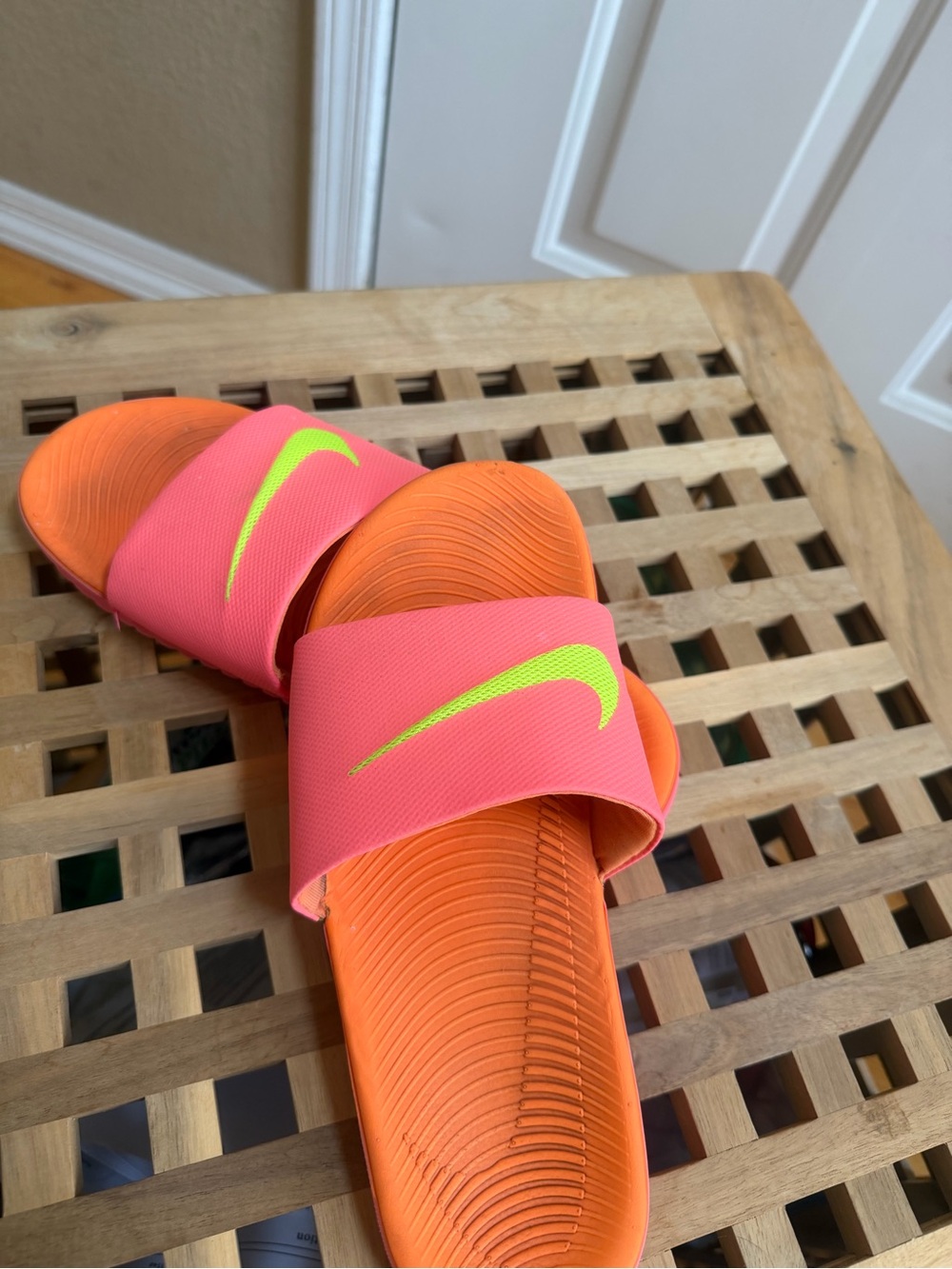 Nike Kids Orange Footbed Pink Strap Slide Sandals with Neon Yellow Swoosh